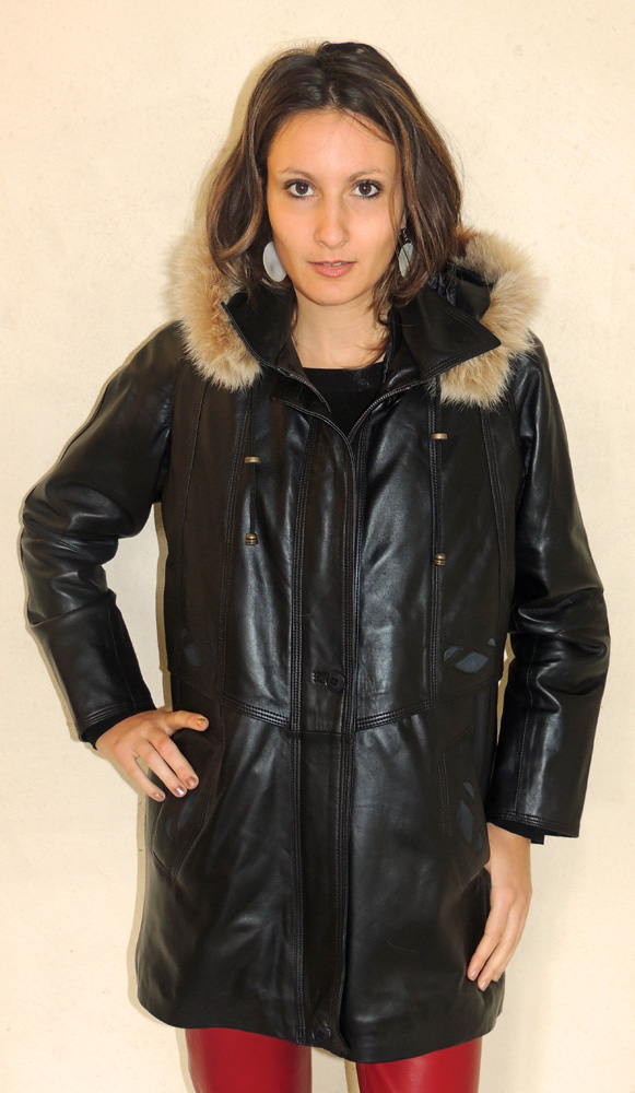Manteau en cuir agneau noir pour femme