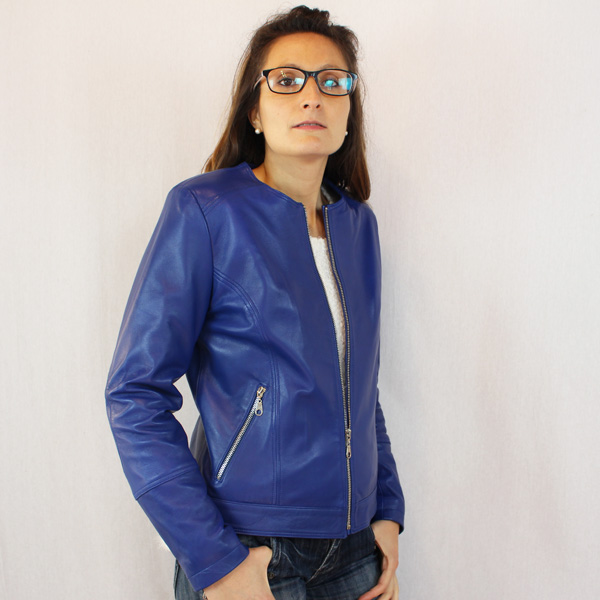 Blouson en cuir agneau bleu Nora