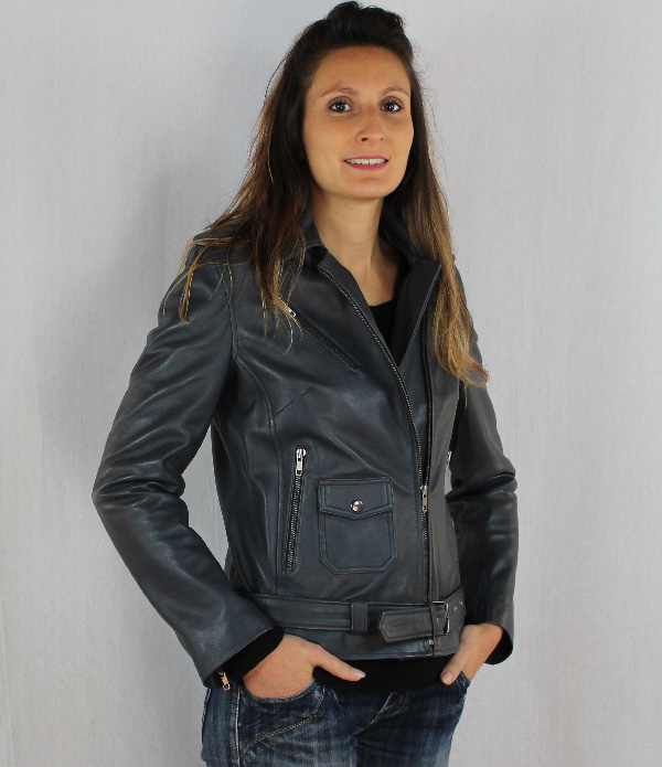 Blouson femme perfecto en cuir gris nina – Image 3