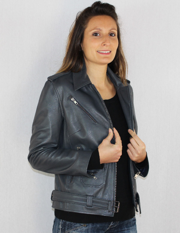 Blouson femme perfecto en cuir gris nina – Image 4