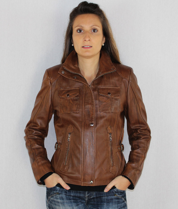 Blouson pour femme en cuir agneau marron marbré tina