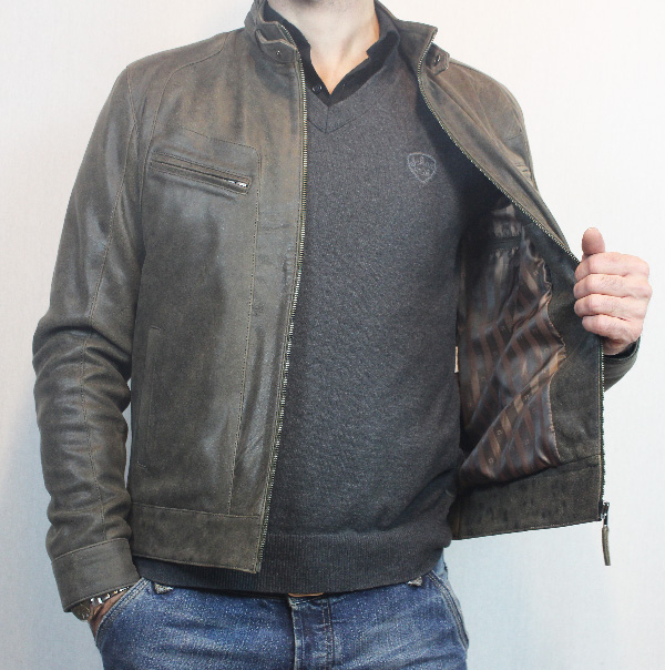 Blouson en Cuir craquelé Kaki "Milano" Homme – Image 4