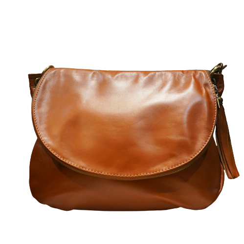 Sac à main en cuir vachette camel avec rabat