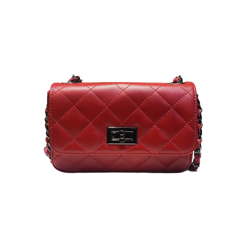 Sac à main en cuir vachette rouge avec surpiqures et bandoulière chainette vu de face