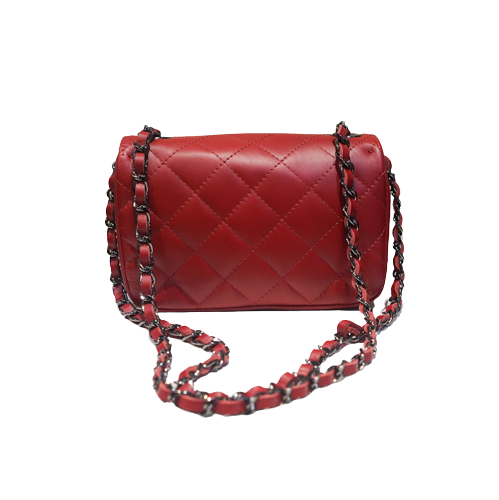 Sac à main en cuir vachette rouge avec surpiqures et chainette en métal vu de dos
