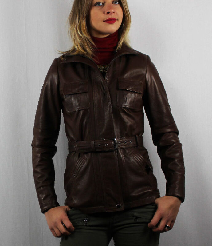 Veste en cuir marron avec ceinture pour femme