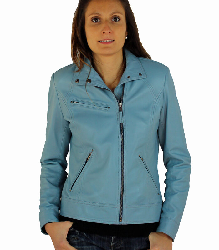 Blouson femme en cuir turquoise sabrina