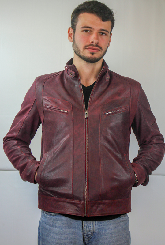 Blouson en Cuir craquelé Rouge "Milano" Homme