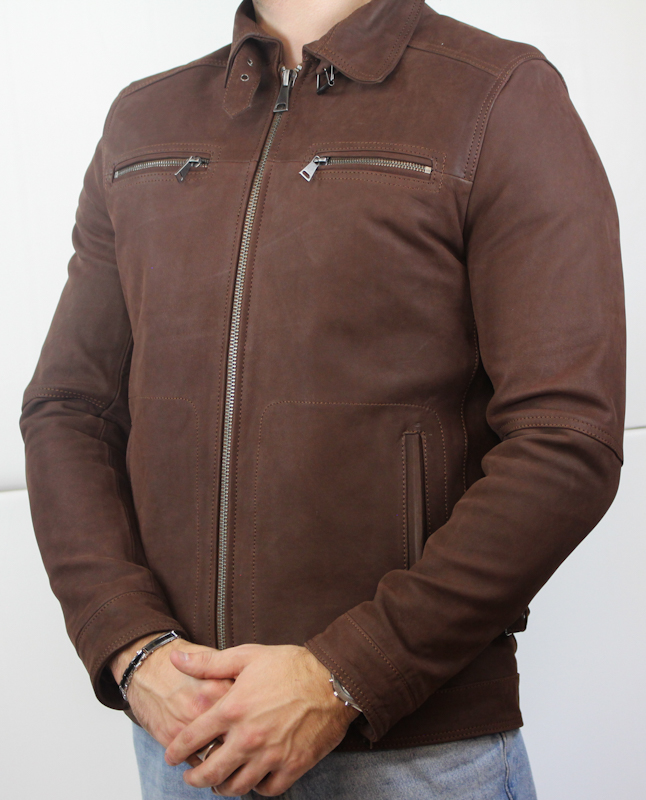 Blouson en cuir marron "Sergio" pour homme fermé de face