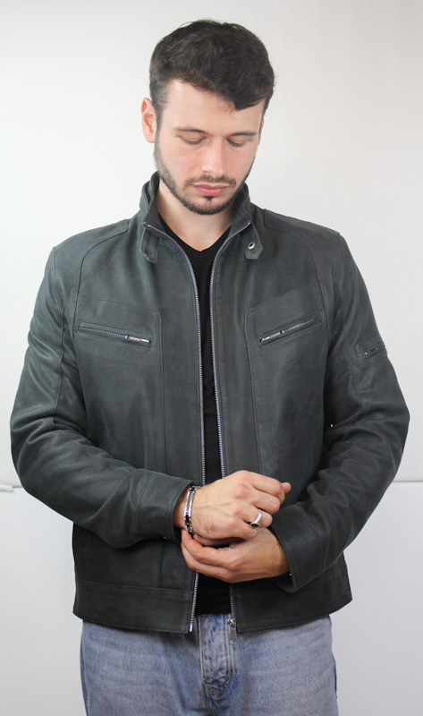 Blouson en Cuir gris vieilli "Milano" Homme – Image 3
