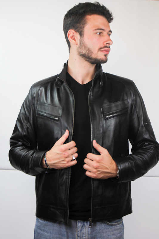 blouson en cuir noir milano ouvert de face