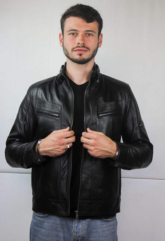 blouson en cuir noir milano ouvert de face