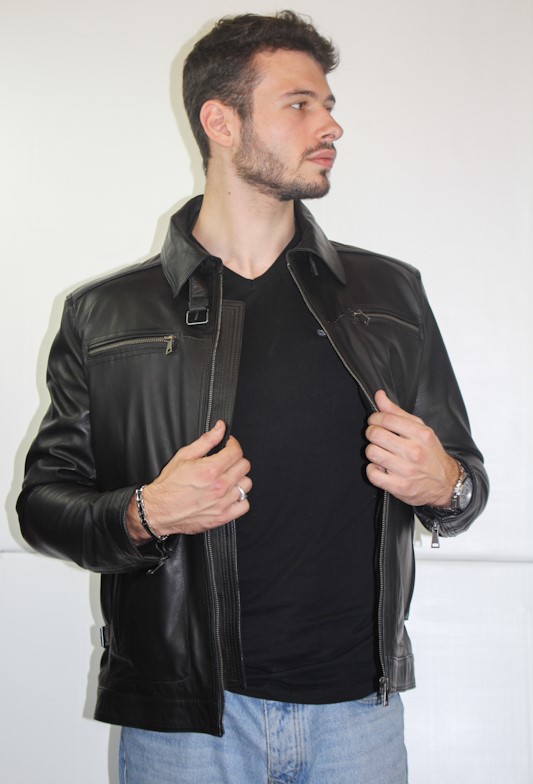 Blouson en cuir noir "Sergio" pour homme – Image 2