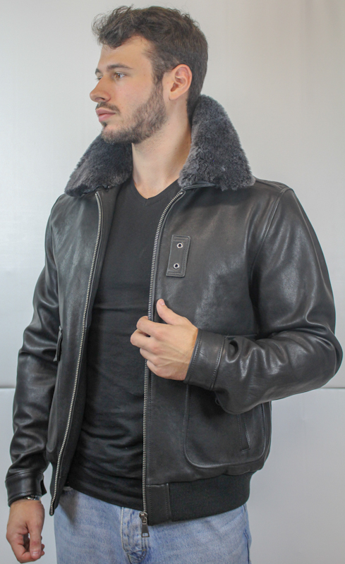 Blouson "Aviateur" en Cuir Noir Homme