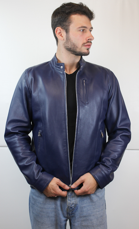 Blouson en cuir bleu style motard Sam pour homme ouvert de face