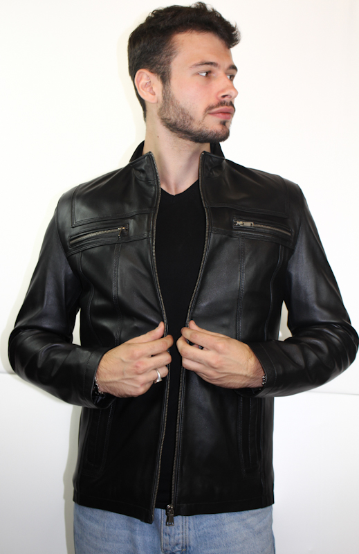 Blouson en cuir d'agneau noir john de face