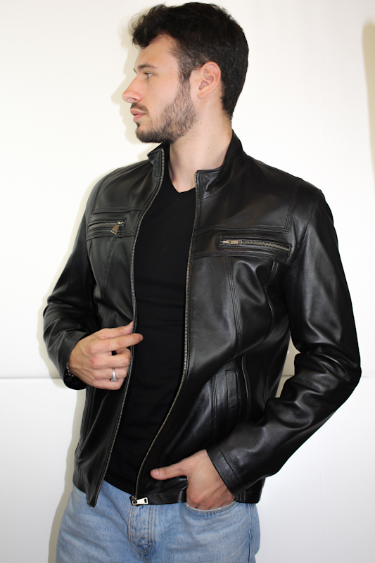 blouson en cuir d'agneau noir john de face ouvert