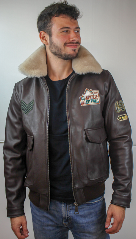 Blouson "Aviateur" en Cuir Marron avec écussons Homme