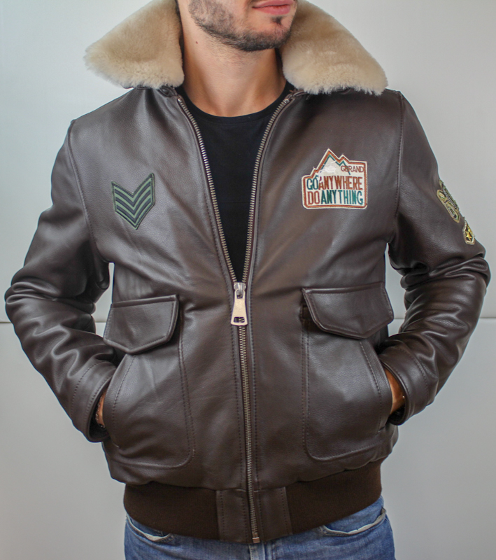 Blouson "Aviateur" en Cuir Marron avec écussons Homme – Image 3
