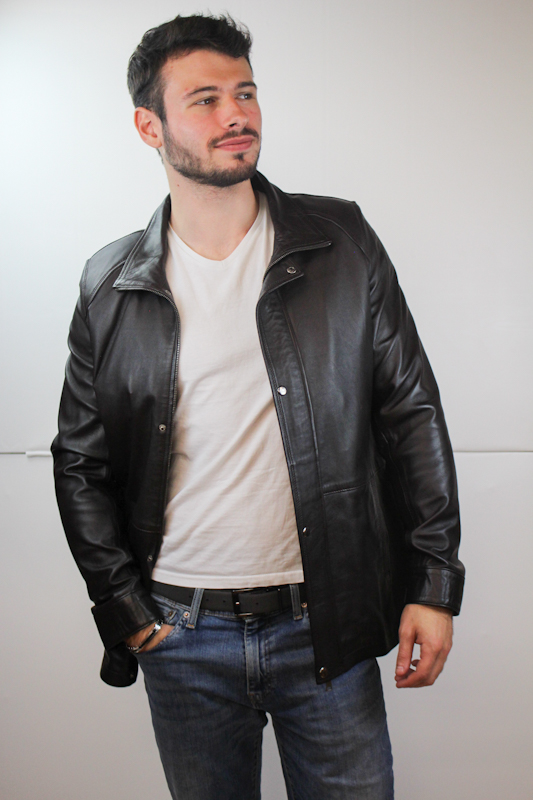 veste en cuir marron foncé mike ouverte de face