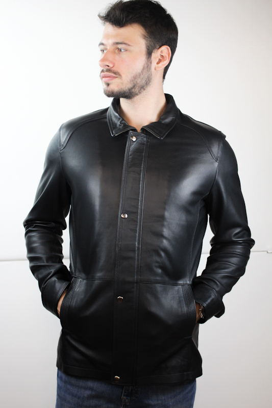 veste en cuir noir Karl fermée de face