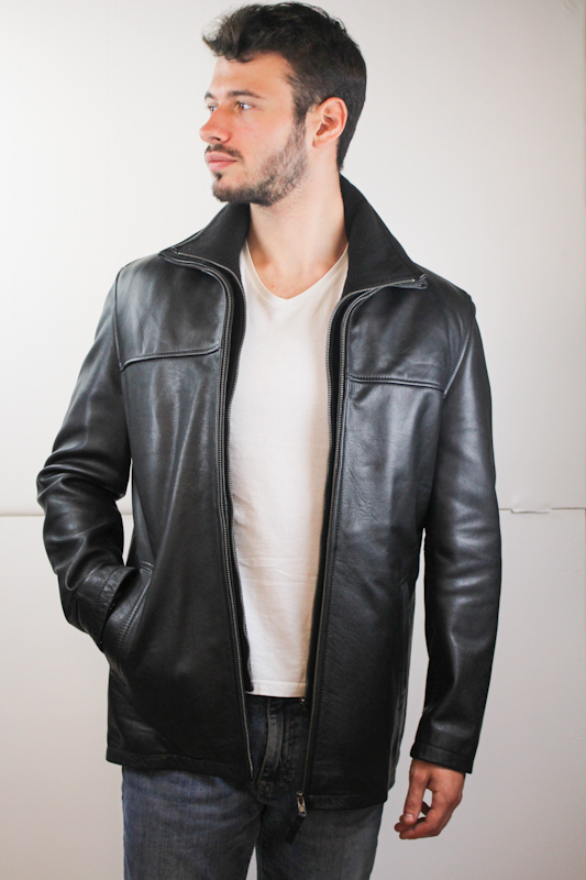 Veste demi-longueur en cuir noir "mike" vue de face