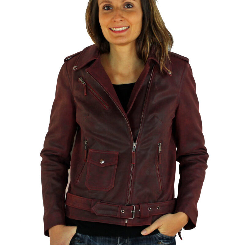 Blouson femme en cuir rouge craquelée nina