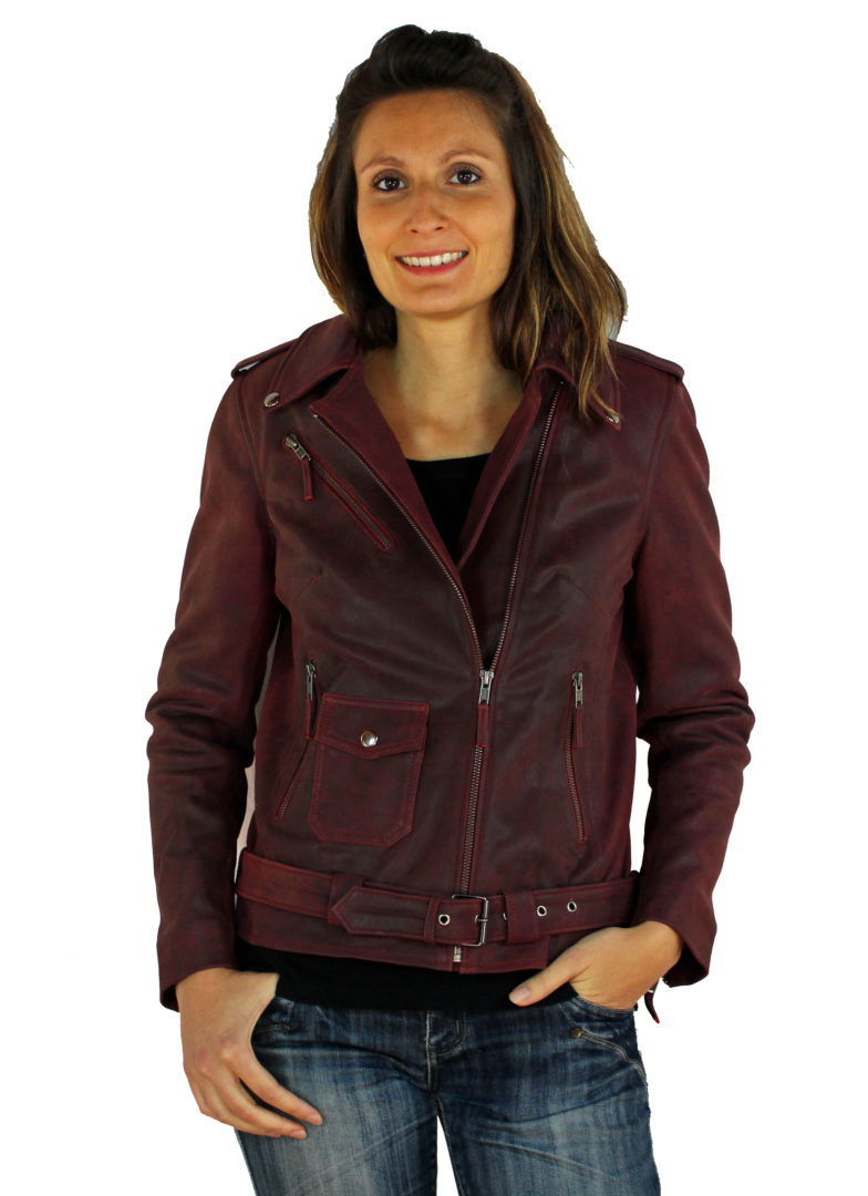 Blouson femme en cuir rouge craquelée nina