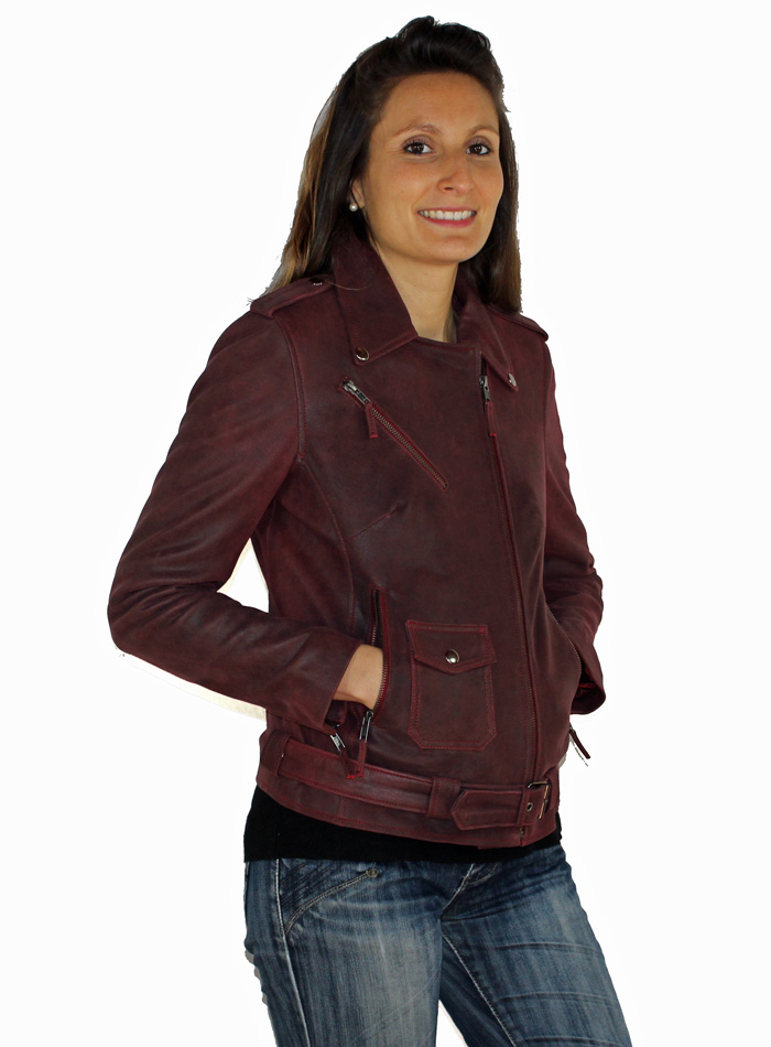 Blouson femme en cuir rouge craquelée nina – Image 5