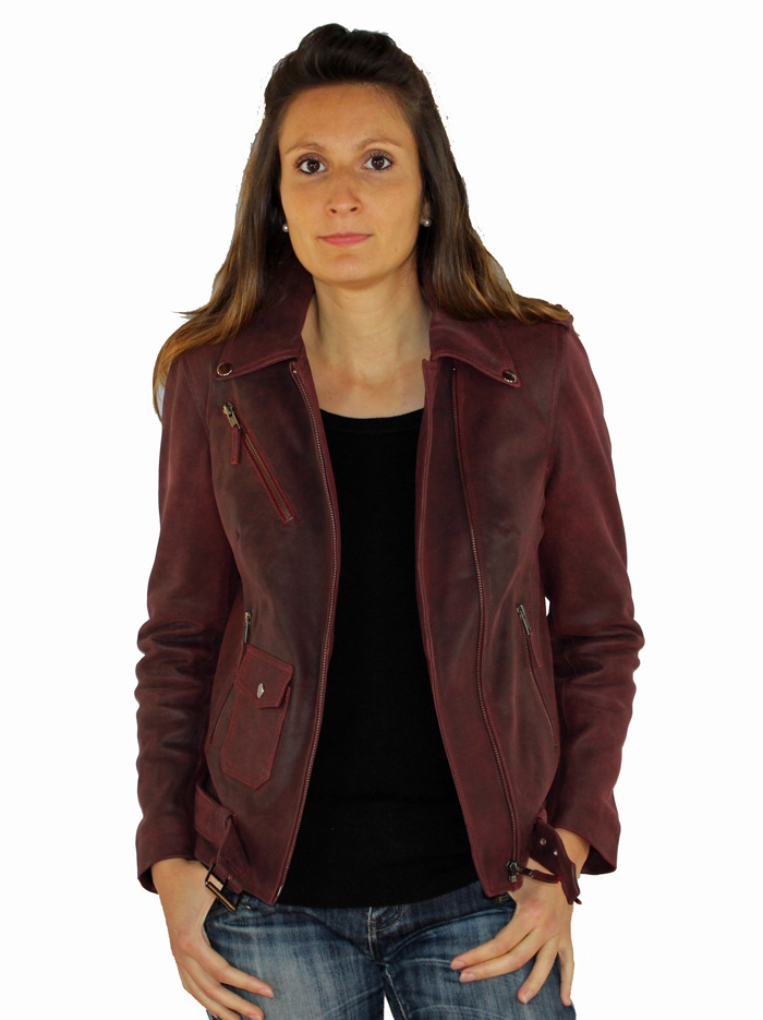 Blouson femme en cuir rouge craquelée nina – Image 4