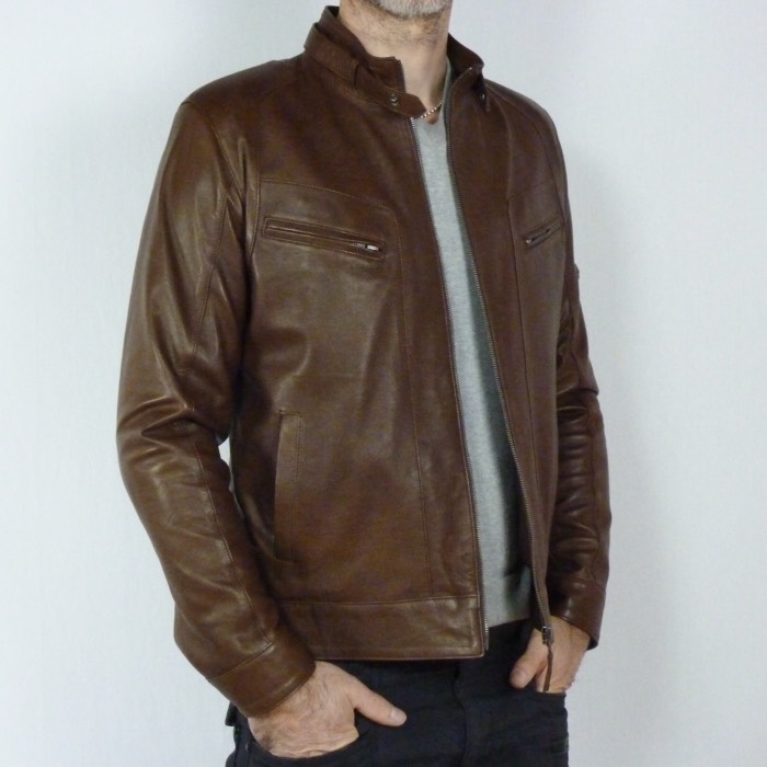 Blouson en Cuir Marron "Milano" Homme – Image 2