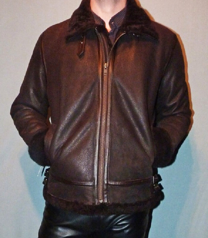 Bombardier marron foncé en peau de mouton pour homme
