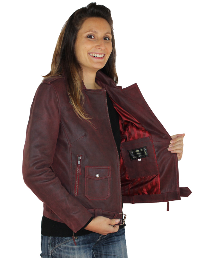 Blouson femme en cuir rouge craquelée nina – Image 2
