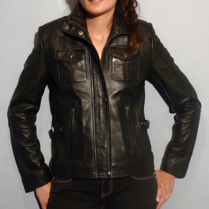 Blouson femme en cuir agneau noir tina
