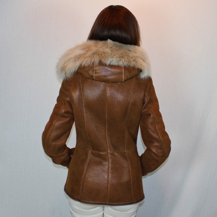 Blouson perfecto en peau lainée marron camel – Image 4