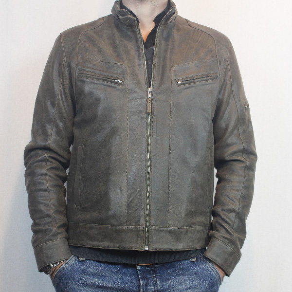 Blouson en Cuir craquelé Kaki "Milano" Homme