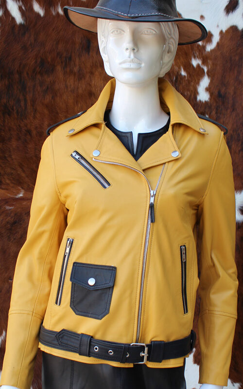 Blouson perfecto en cuir jaune moutarde