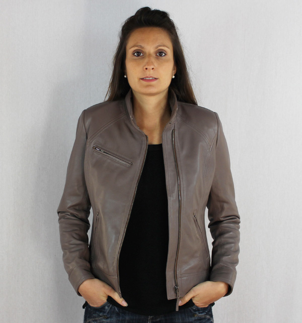 Blouson femme en cuir taupe