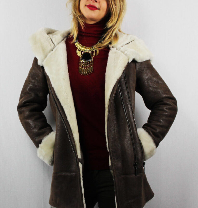 Veste en mouton retourné marron vieilli pour femme