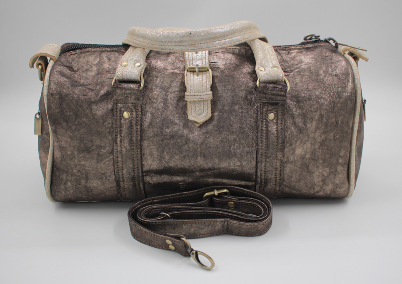 Sac de voyage en Cuir - Taupe et argenté - Petit Format