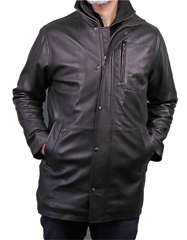 Veste demi longueur en cuir noir pour homme