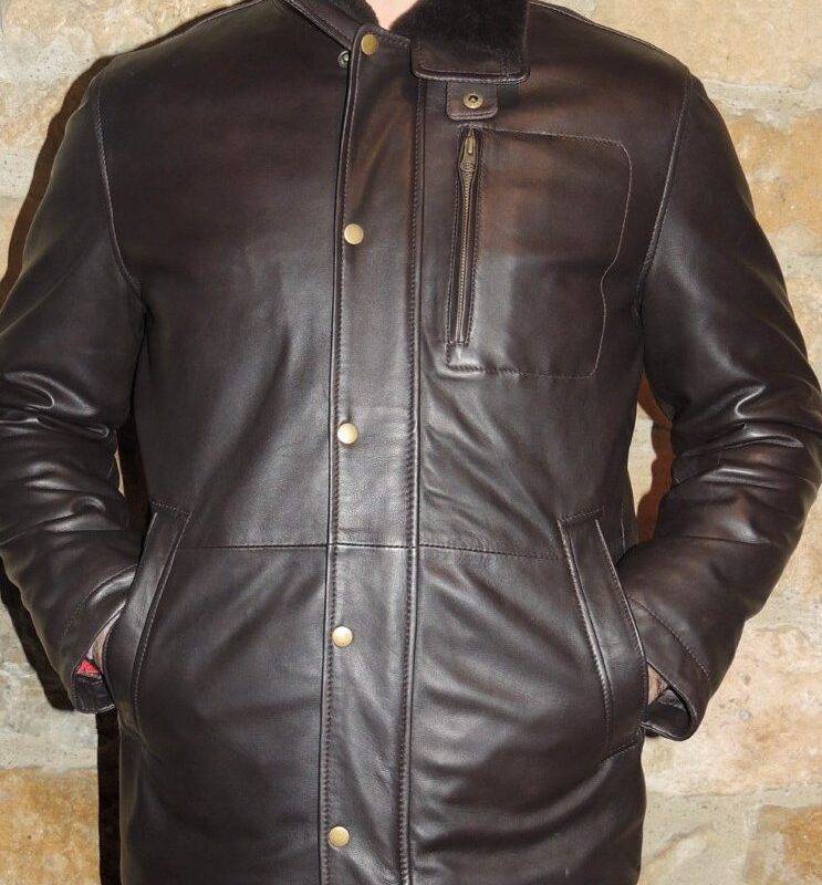Veste demi longueur en cuir marron foncé pour homme