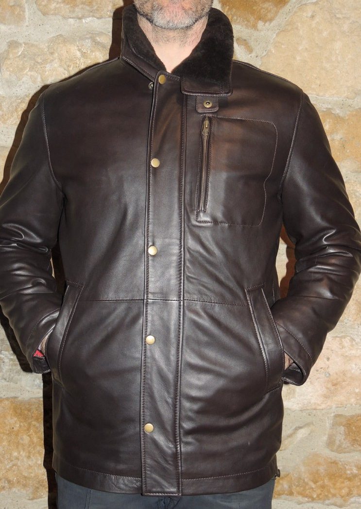 Veste demi longueur en cuir marron foncé pour homme